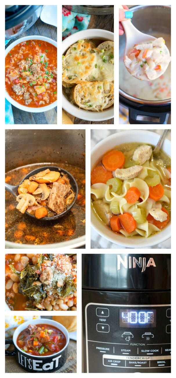 Collage of various soups and stews with a sleek display of Ninja Foodi, highlighting their delightful soup recipes.