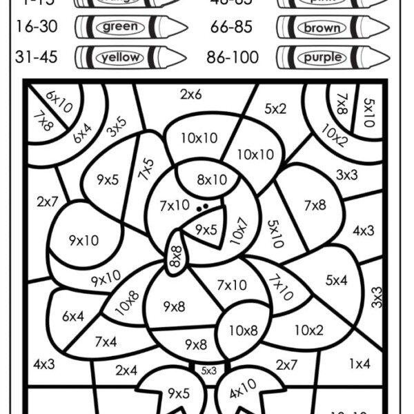 Dive into the festive fun with this Thanksgiving color by number worksheet featuring a rose. Each section is labeled with multiplication problems, transforming numbers into vibrant hues: orange (1-15), green (16-30), yellow (31-45), pink (46-65), brown (66-85), and purple (86-100).