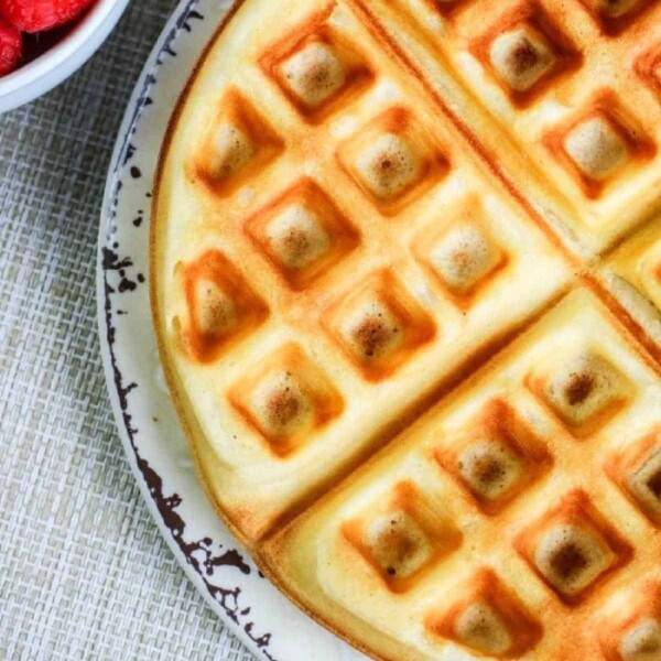 A homemade waffle served on a speckled plate is shown next to a bowl of raspberries.