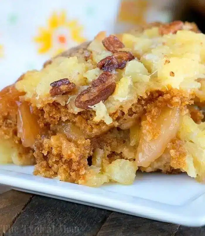 A close-up of a serving of baked apple dessert on a white plate. The gingerbread dump cake features a crumbly topping with pecans and pieces of apple, creating a golden-brown texture. A floral-patterned napkin is partially visible in the background.