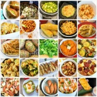 A grid of 25 images showcases a variety of cooked dishes, including potatoes, corn, and mixed platters. Highlighting different preparation styles like baking, frying, and roasting, these creations are inspired by healthy Ninja Foodi recipes.