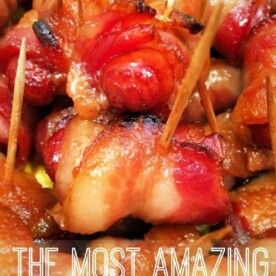 Close-up of bacon-wrapped hot dogs with brown sugar, secured with toothpicks, text overlay reads The Most Amazing Bacon Bites.