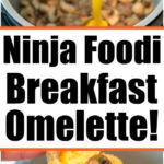 Egg mixture poured over mushrooms; a delicious ninja foodi breakfast omelette with cheese and veggies, perfectly cooked and scooped from a pot.