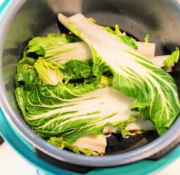 Fresh bok choy leaves and stalks are placed in a turquoise cooking pot, ready for anyone learning how to make bok choy dishes. The leaves boast a bright green color and white stalks, ideal for steaming or cooking.