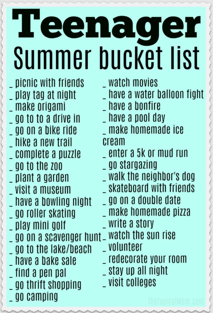 Free Summer Bucket List For Teens Printable Checklist