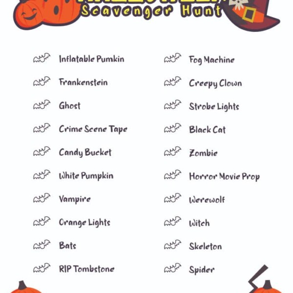 Check out our printable Halloween scavenger hunt list, featuring decorative pumpkins and bats. Hunt for an inflatable pumpkin, Frankenstein, ghosts, crime scene tape, candy bucket, fog machine, creepy clown, and more—with a Halloween-themed border of cartoon pumpkins.