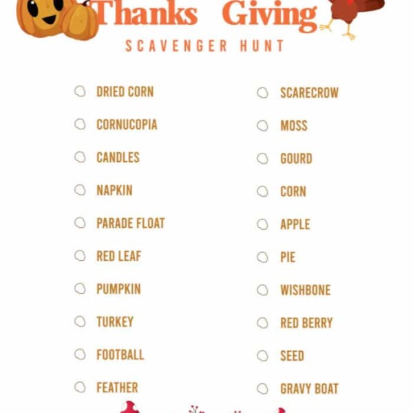 A lively Thanksgiving scavenger hunt checklist featuring charming illustrations of a pumpkin and turkey awaits. Discover items like dried corn, cornucopia, and candles. Decorative pumpkins and leaves create a festive bottom border.