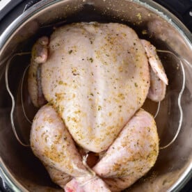 Raw seasoned whole chicken in an instant pot, poised to bring the flavors of August instant pot recipes to your table.