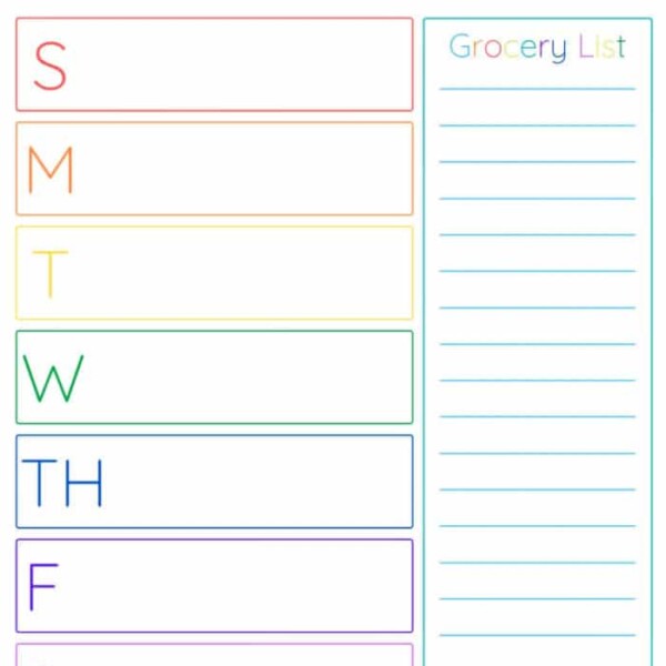 A free printable meal planner featuring a blank weekly layout has days labeled Sunday through Saturday on the left, complete with ample space for a grocery list on the right.