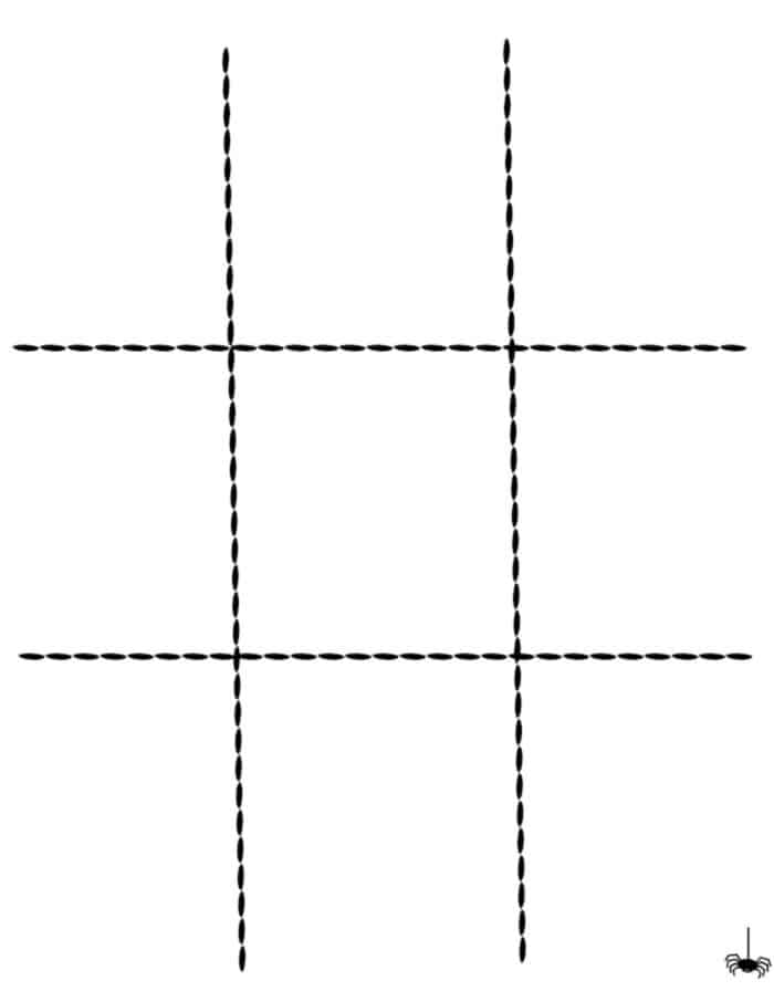 A simple tic-tac-toe grid with black dashed lines on a white background, perfect for a printable Halloween scavenger hunt. A small spider illustration creeps in the bottom right corner, adding a festive touch.