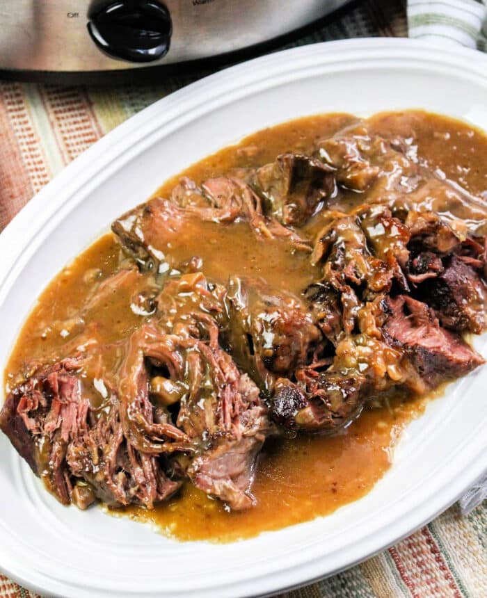 Crockpot roast beef and gravy with onion soup mix