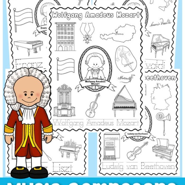 Music coloring pages cover featuring famous composers and musical instruments illustrations.