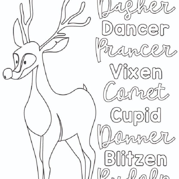 A line drawing of a reindeer with antlers invites creativity, perfect for reindeer coloring pages. To the right, the names "Dasher, Dancer, Prancer, Vixen, Comet, Cupid, Donner, Blitzen, Rudolf" are elegantly listed in cursive style.