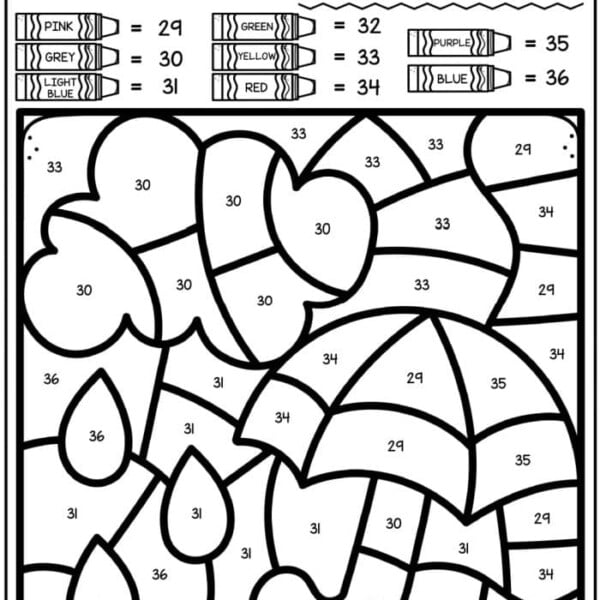 Explore our weather coloring pages with a delightful color-by-number design showcasing raindrops, clouds, and umbrellas. Use the numbers to bring it to life: pink (29), grey (30), light blue (31), green (32), yellow (33), red (34), purple (35), and blue (36).