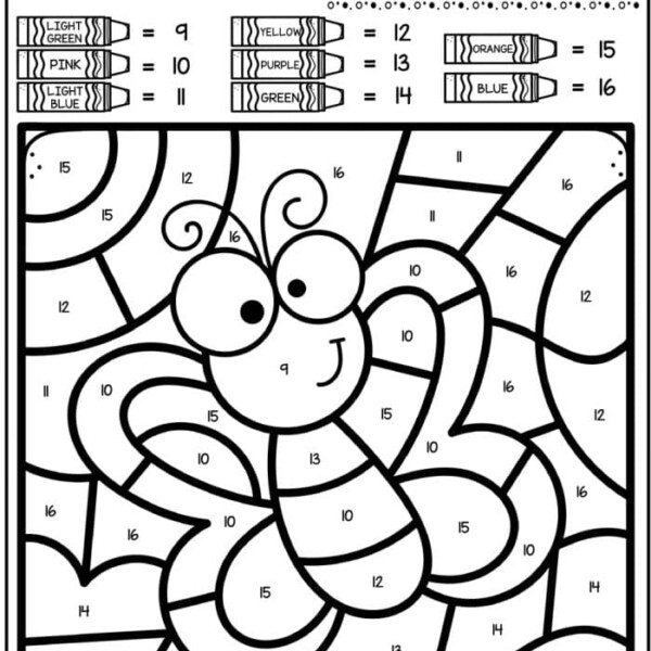 A delightful spring color-by-number worksheet featuring a cartoon butterfly. The number codes at the top align with vibrant colors like light green, yellow, and blue. Each section of the butterfly's wings is carefully labeled for coloring fun.