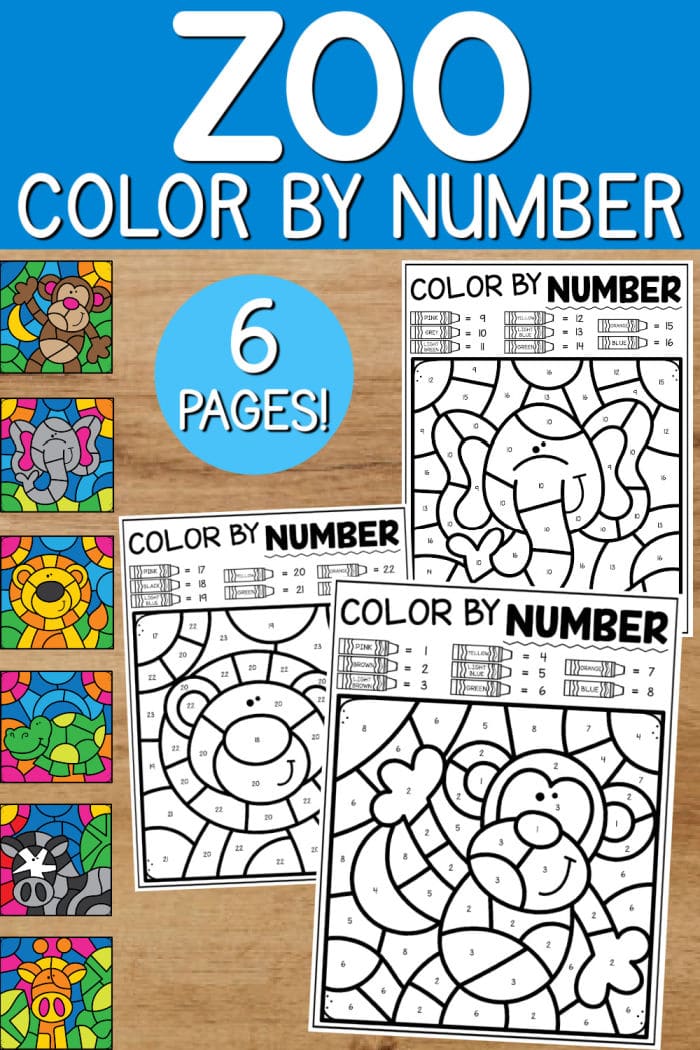 FREE Color by Number Animals - Alligator, Monkey, Lion, Zebra, Elephant