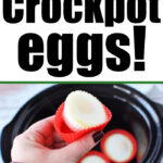 Collage of slow cooker eggs: poached and cooked eggs in silicone molds, with the caption Slow Cooker Eggs!