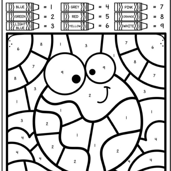 Color by number worksheet featuring a smiling snail with numbered sections, perfect for Earth Day coloring pages. A key at the top indicates colors: blue, light blue, green, yellow, grey, red, pink, orange, and white corresponding to numbers 1 to 9.