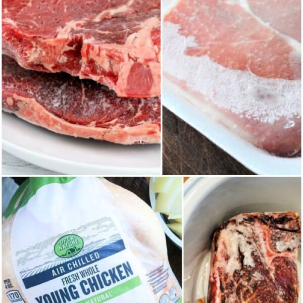 Collage of raw meats: beef steaks, pork chops, whole young chicken packaged for freshness, and a frozen beef roast ready for cooking.