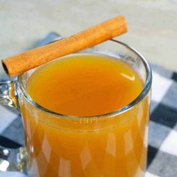 A clear glass mug filled with warm apple cider, made effortlessly in an instant pot, is topped with a cinnamon stick. The mug rests on a checkered cloth against a light background.