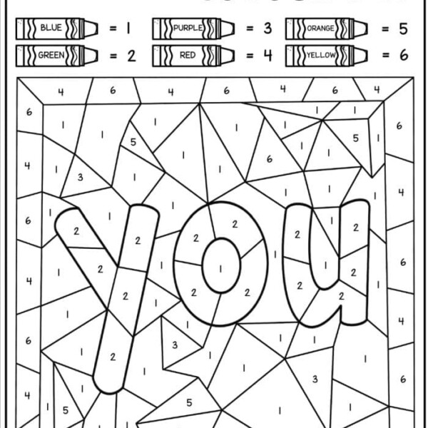 Sight Word Coloring Page featuring the word YOU in large letters. The areas are numbered with instructions at the top, assigning colors: blue (1), green (2), purple (3), red (4), orange (5), yellow (6).