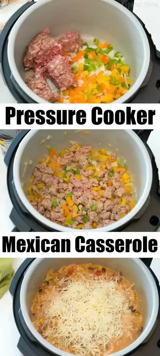 To create a mouthwatering Mexican casserole in a pressure cooker, follow these three steps: Start with raw ground meat and diced peppers as the base. Then layer with cooked meat, softened peppers, and onions. Finish by adding a mixture of ingredients topped with shredded cheese for a delicious result.