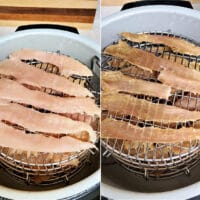 Side-by-side comparison of raw chicken strips and dehydrated chicken strips on a metal rack inside a pot, showcasing the simple transformation needed to create healthy air fryer dog treats.