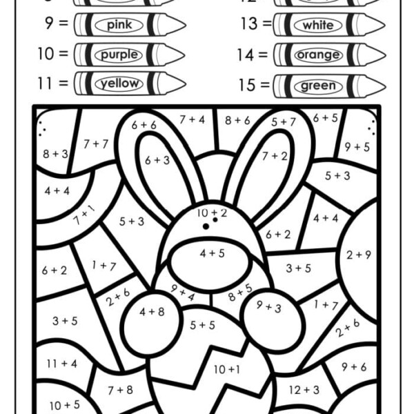 Enjoy this Easter Color by Number worksheet featuring a bunny and eggs. Solve math equations for numbers 8 to 15 to reveal the colors blue, pink, purple, yellow, grey, white, orange, and green.