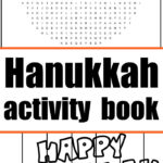 Hanukkah activity book featuring Hanukkah coloring pages, a word search, and a Happy Hanukkah coloring section, with numbering at the bottom.