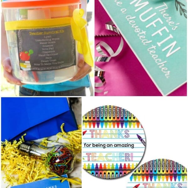 Collage of teacher gift ideas: a survival kit in a clear container, a muffin gift with a ribbon, a bulb-themed thank-you card, and colorful crayon stickers for teachers, all enhanced with free printable teacher appreciation tags.