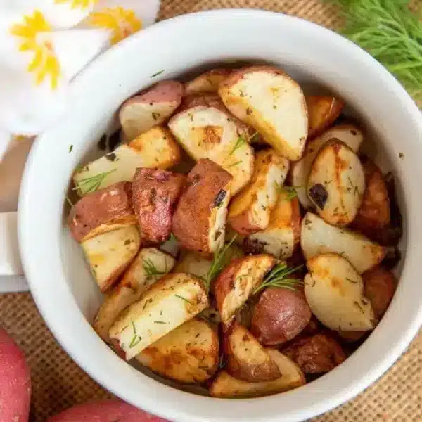 A white bowl filled with perfectly roasted air fryer red potatoes, garnished with herbs, sits on a burlap surface surrounded by whole red potatoes and a sprig of dill. A white cloth adorned with yellow flowers peeks from the corner, adding a touch of charm.