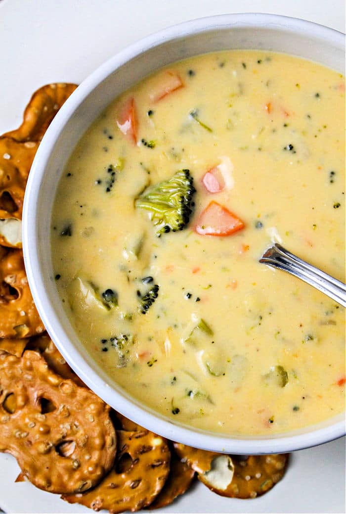 Creamy Broccoli Beer Cheese Soup in Dutch Oven on Stove top
