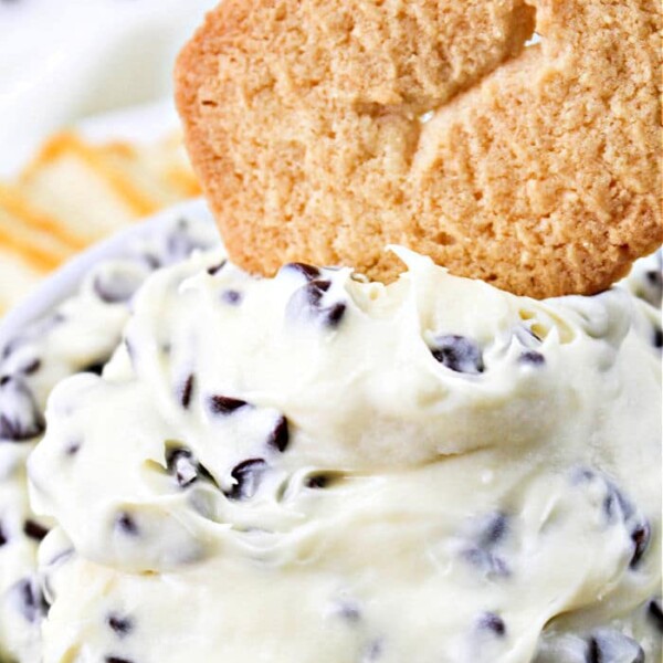 A bowl of creamy cheese dessert dip with chocolate chips, topped by a single cookie. The texture seems smooth and fluffy, with the chips evenly distributed throughout. The cookie is partially submerged in the delightful cream cheese mixture.