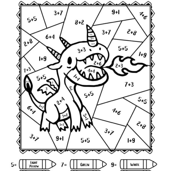 Discover the enchanting Color by Number Dragon worksheet, featuring math problems and a detailed key for color assignments, perfect for adding an educational twist to your creative activities.