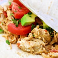 A close-up of a soft taco reveals pressure cooker chicken, infused with flavor, alongside sliced tomatoes, avocado, and cilantro on a white tortilla.