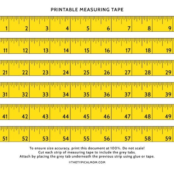 Image of a Printable Measuring Tape featuring six strips, each numbered from 1 to 60. Instructions advise printing at 100% scale and using glue or tape to join the strips seamlessly.