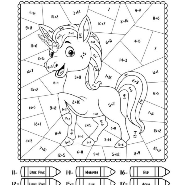 Discover this enchanting Unicorn Color by Number page, where each section reveals vibrant hues through solving math addition problems. Immerse yourself in shades of dark pink, magenta, light pink, blue, red, and aqua as you bring this magical creature to life.