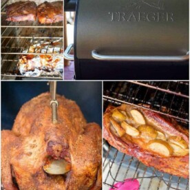 Collage of a Traeger grill showcasing the best meats to smoke, featuring cooked delights like a whole chicken with a temperature probe and a dish with sliced apples.