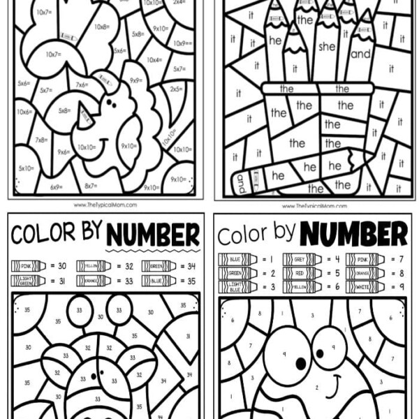 A set of four Easy Color by Number worksheets for children, featuring a turkey, rocket, flower, and snail. Each worksheet includes color codes with numbers or words corresponding to vibrant colors like yellow, red, blue, green, and orange.