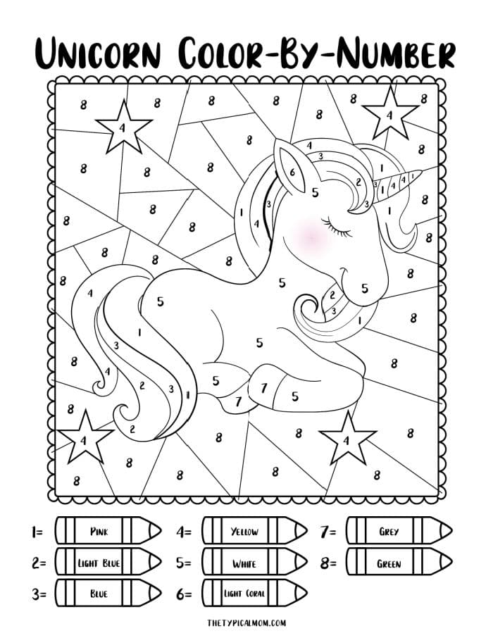 Unicorn Color by Number Printables - Unicorn Coloring Pages