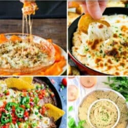 A collage of four dishes showcasing the best hot dip recipes: top left shows a cheese dip with chips, top right has someone dipping a chip into a baked cheese dish, bottom left features nachos with toppings, and bottom right displays hummus with pita bread.