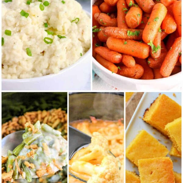 Collage of crockpot side dishes: mashed potatoes with chives, glazed carrots, green bean casserole, cheesy potatoes, and cornbread slices.