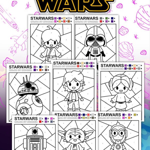 Coloring Pages Star Wars edition offers color by number activities featuring cartoon characters and space themes on a vibrant pink and blue background.