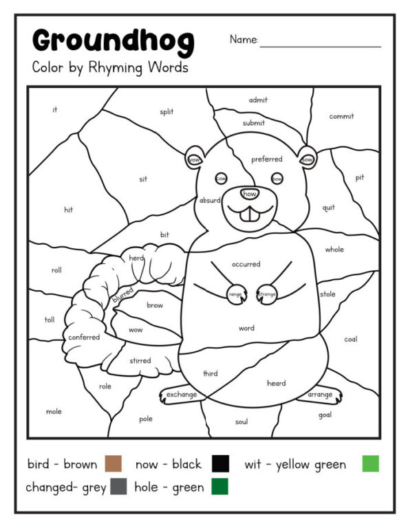 Free Groundhog Day Coloring Pages - Rhyming Word Worksheets