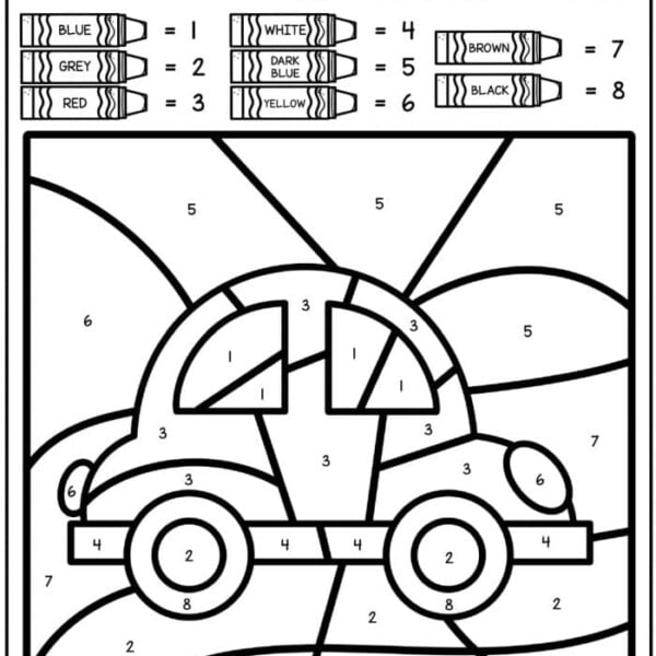 Color by number page featuring a cartoon car and numbered sections; crayons suggest hues for each digit. It's perfect for Letter C Coloring Pages enthusiasts looking to combine learning with creativity!