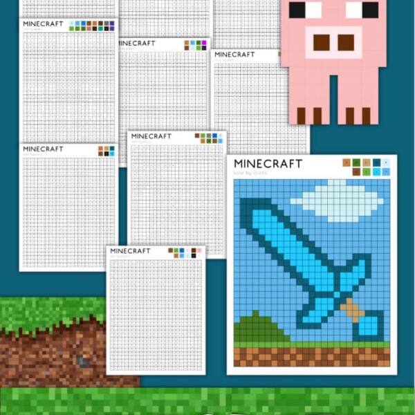 Minecraft-themed color-by-number and letter worksheets, featuring a pixelated sword design and a pig graphic. This series of grid sheets with color keys is displayed against a grassy block background. Text reads Minecraft Color by Letter.