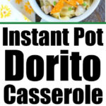 A bowl of pressure cooker Dorito casserole topped with crushed Doritos and chopped green onions.