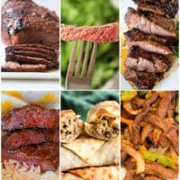 A collage showcasing air fryer recipes: sliced roast beef, beef on a fork, grilled beef, beef over rice, a cut-open beef wrap, and a vibrant beef stir-fry with vegetables.