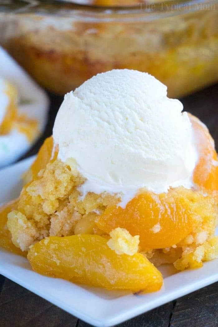 Dump-peach-cobbler-with-canned-peaches-and-cake-mix