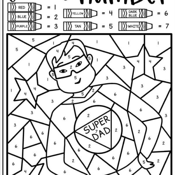 Color by number superhero dad, perfect for a Father's Day coloring page, where numbers guide your crayon choices.